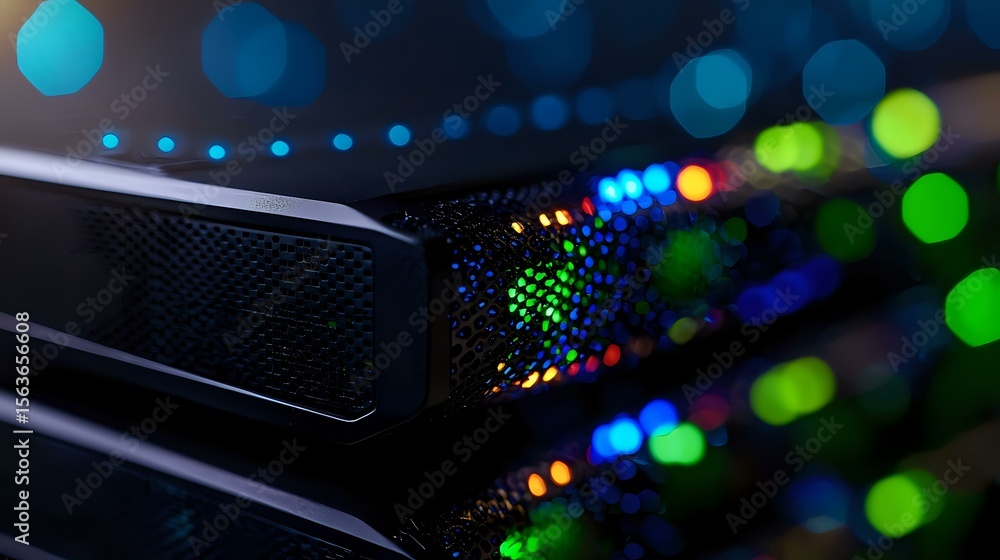 Poster network server rack with colorful led indicators glowing in dark data center. close up view of moder