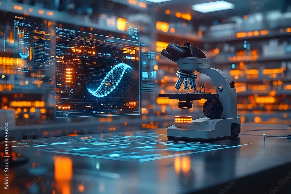 Poster digital microscope with dna helix hologram display in modern laboratory setting, glowing orange and 