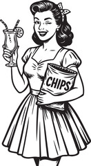 retro girl with chips and cocktail