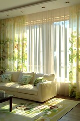 Bright sunlit living room with cream sofa, floral pattern curtains and matching rug creating cozy atmosphere. Natural light streams through sheer window treatments.