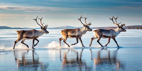Three majestic reindeer gracefully traverse a frozen lake, their antlers silhouetted against a vibrant sunset sky.