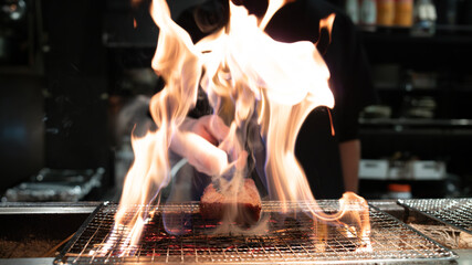 deep grilled the japanese Wagyu in kitchen at Japan	