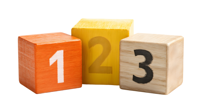 Three wooden blocks showing the numbers one, two, and three.