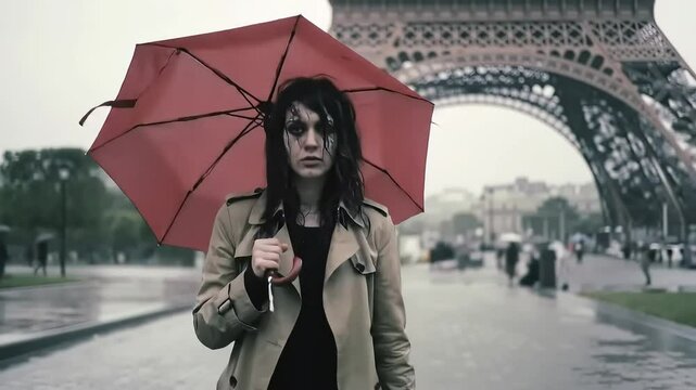 Woman, red umbrella, Parisian rain, Eiffel backdrop