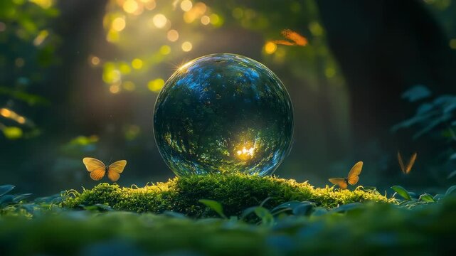 Crystal ball resting on mossy forest floor, sunlight filtering through trees.  Butterflies flit through the air