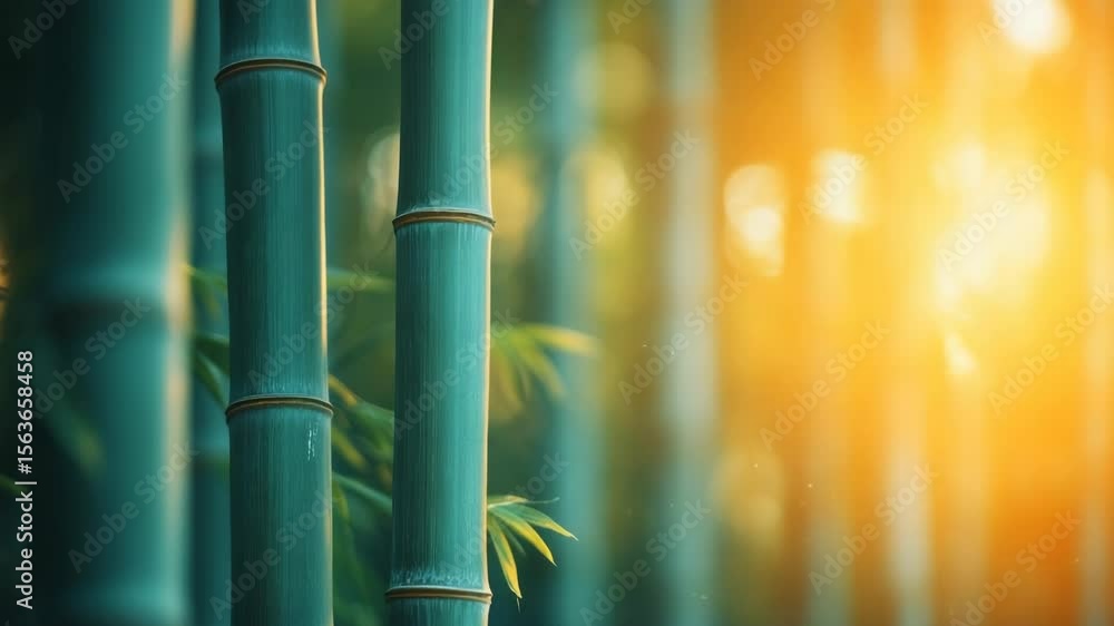 Poster sunlight filtering through dense bamboo forest creating a serene natural atmosphere
