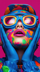 Vibrant portrait of a person with colorful face paint and glasses.
