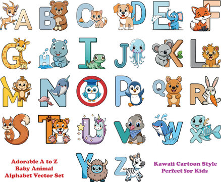 Kawaii Alphabet Animals Vector &ndash; A to Z Letters with Cute Baby Characters