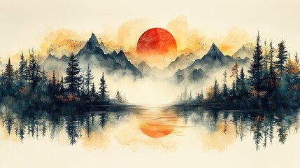 Misty mountain range reflected in a tranquil lake, featuring a vibrant sunrise.