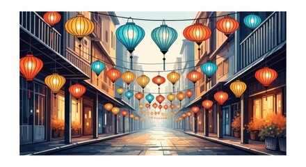 Colorful Lanterns Illuminate a Traditional Street Scene