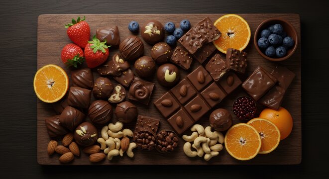 A Delicious Assortment of Gourmet Chocolates Fresh Fruits and Assorted Nuts on a Rustic Wooden Board Offering a Tempting Treat