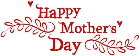 Happy mothers day red lettering with laurels, isolated in transparent background