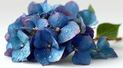 Beautiful blue hydrangea flowers with water droplets on petals in a serene setting during early morning