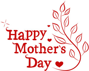 Happy mothers day red lettering with laurel, isolated in transparent background