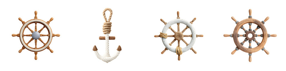 Watercolor Nautical Set: Anchor and Ship Wheel Illustrations on White