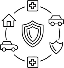 Obraz premium Illustration of a shield surrounded by symbols of health home and auto insurance protection concept