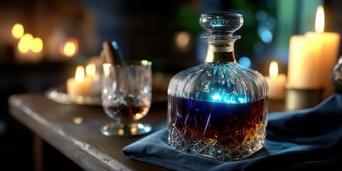 Elegant glass decanter with amber liquid and glowing candles creates a cozy atmosphere for evening relaxation