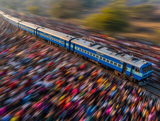 a train is traveling through a large crowd of people in a stadium of color, with a train on the tracks