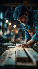 Experienced carpenter works intently on wood with dust and shavings flying in a workshop during golden hour