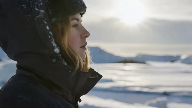 Mujer rubia  muy abrigada con una parka caminando por el artico