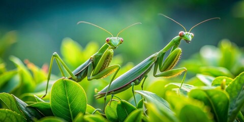 Naklejka premium A Pair of Vibrant Green Praying Mantises Perched on Lush Greenery in a Natural Habitat