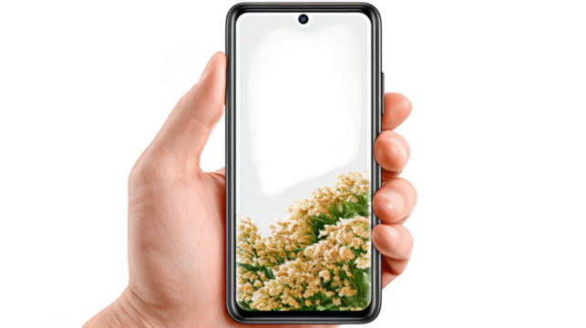 Hand holding a modern smartphone displaying a floral wallpaper on transparent background isolated on transparent background