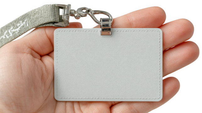 Hand holding a blank white identification badge with a lanyard isolated on transparent background