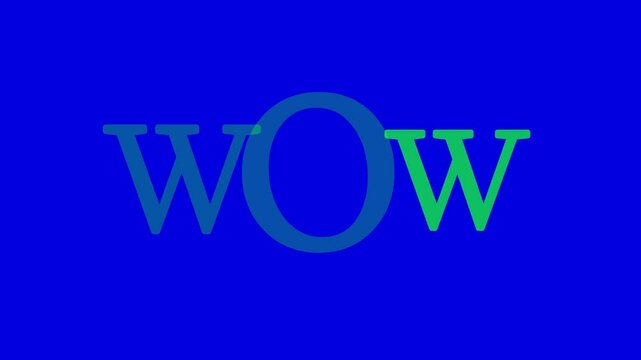 WOW text green color animation on blue background. HD.