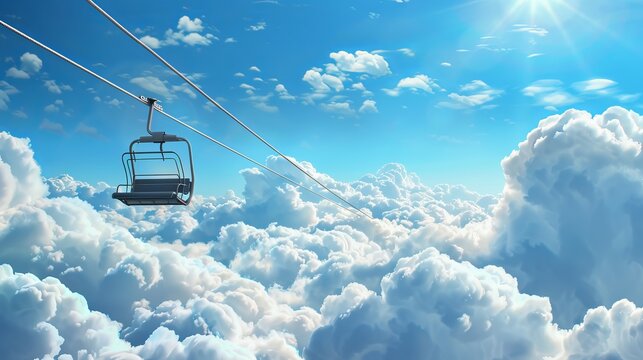 A serene view of a suspended chairlift above a sea of fluffy white clouds under a bright blue sky.