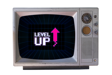 LEVEL UP. pixel art .8 bit game. Retro Futurism Sci-Fi Background. glowing neon grid. on old retro television. Isolated on white background.