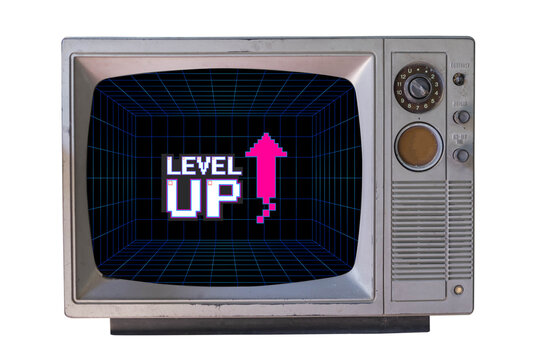 LEVEL UP. pixel art .8 bit game. Retro Futurism Sci-Fi Background. glowing neon grid. on old retro television. Isolated on white background.