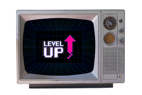 LEVEL UP. pixel art .8 bit game. Retro Futurism Sci-Fi Background. glowing neon grid. on old retro television. Isolated on white background.