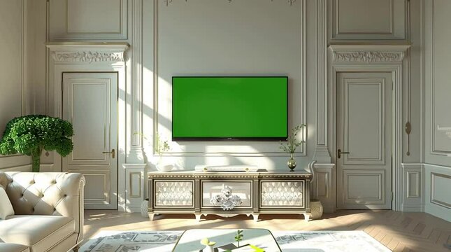 Bright modern living room with green screen TV, indoor plants, and sunlight through large windows.