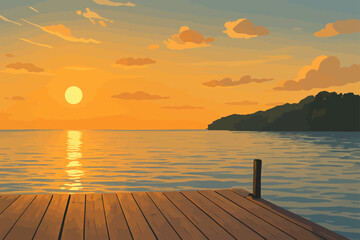 A serene sunset view over a calm sea, as seen from a wooden dock in the foreground. The sky is painted in soft shades of orange and gold, with scattered clouds glowing in the warm light. The sun is lo