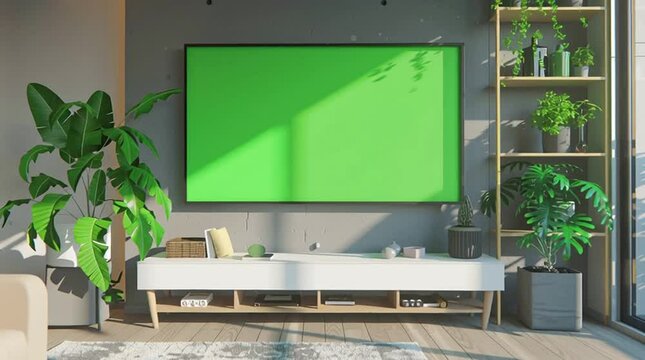 Bright modern living room with green screen TV, indoor plants, and sunlight through large windows.