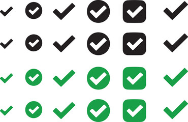 Collection of black and green check mark icons in circles and squares