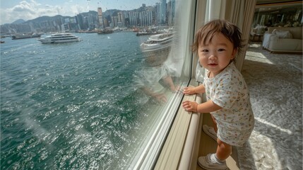 Baby standing by the window enjoying hong kong cityscape in a luxury cruise
