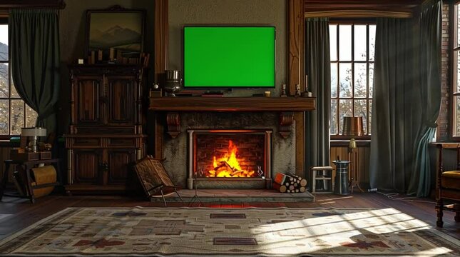 Bright modern living room with green screen TV, indoor plants, and sunlight through large windows.