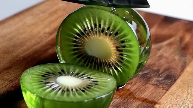 Crystal glass kiwi fruit carving concept. Jelly green berry slicing ASMR visual therapy style. Relaxation decor sensory art. Minimal black background macro video 