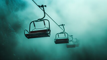 Misty chairlift suspended over foggy mountains in cool tones.