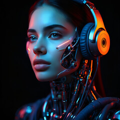 Portrait of Young Woman in cyborg face with futuristic headphones  with  Neon Light Environment, robotic machine learning