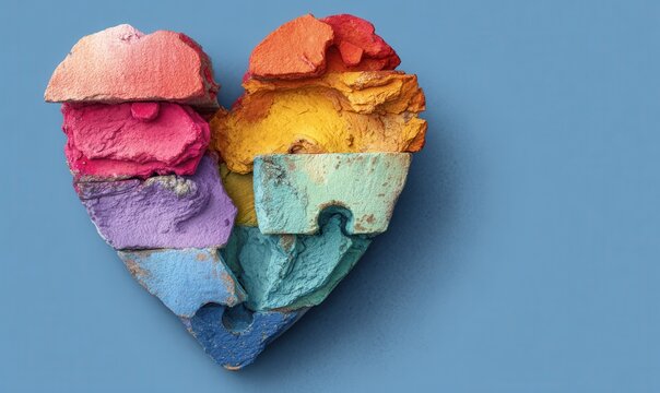 Colorful puzzle pieces form a heart