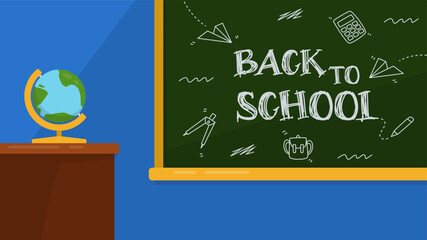 Classroom flat illustration Back to school on green chalkboard. Black to school background