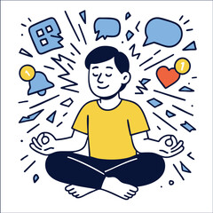 Mindfulness illustration with person meditating amidst notifications and chat bubbles