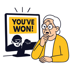 Surprised elderly person looking at computer screen displaying scam message