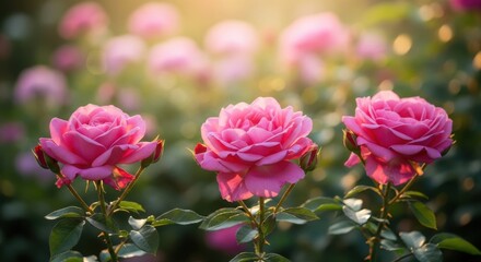 Three Perfect Pink Roses Bathed in Golden Morning Light