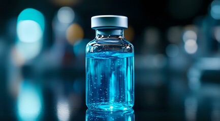 Medical glass vial with bright blue liquid and bubbles on dark background with bokeh lights. Pharmaceutical research and vaccine development concept.