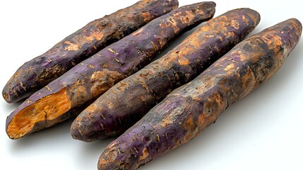 Fresh purple carrots with vibrant orange flesh showing through rough textured skin, arranged in row on white background, isolated organic produce.