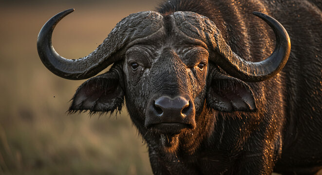 A Cape buffalo covered in mud with intense stare