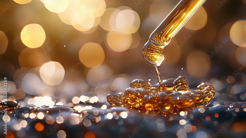 Poster golden liquid drops falling from glass dropper with bokeh lights background creating magical atmosph